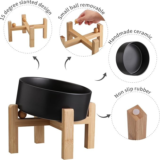 Black Elevated/Raised 15°Tilted Anti Slip Ceramic Dog Bowl for Medium & Large Breeds,Slanted Bulldog Big Face Pet Feeding Food Water Dish Stand for Dogs (7.6 Cups/60OZ)