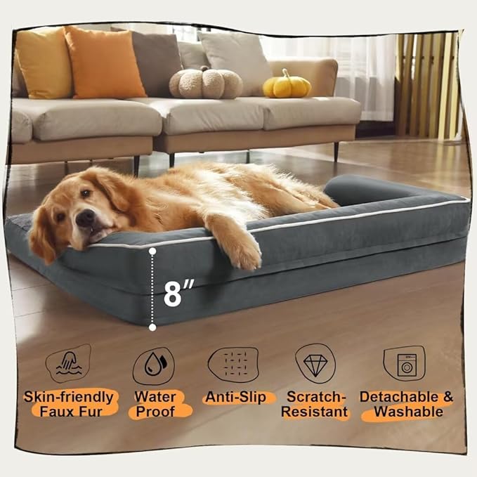 Large Dog Bed Orthopedic Washable: Dark Grey Dog Bed with Waterproof Cover and Removable Bolster, Egg Foam Couch Sofa for Medium XXXLarge Dogs