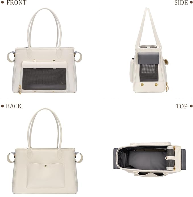 Fashion Pet Carrier Purse for Small Cat and Dog, Luxury Pu Soft-Sided Tote Bag with Large Pockets for Dogs and Puppies (White, 15.8" L x 7.5" W x 11.8" H)