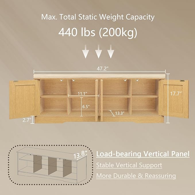 DINZI LVJ Shoe Bench, Entryway Storage Bench with Doors, Cushion, 2-Tier Shoe Rack with 8-Cubby, 47.2”L x 13.8”W Shoe Organizer Cabinet, Adjustable Shelf, Living Room, Bedroom Natural