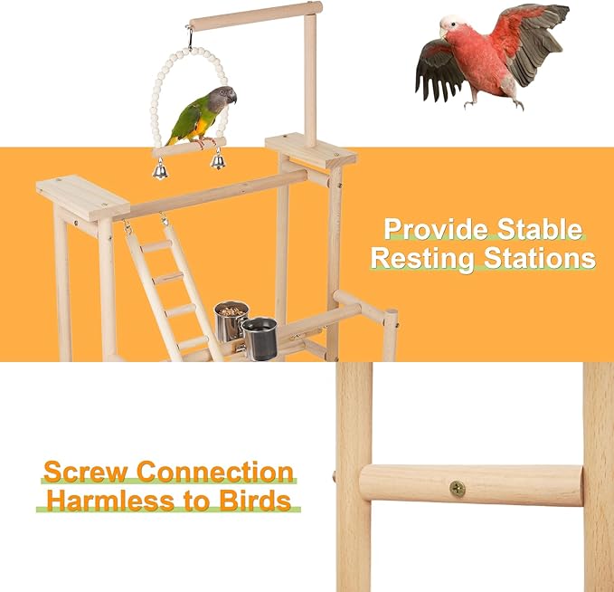 Pet Parrot Playstand Parrots Bird Playground Bird Play Stand Wood Perch Gym Playpen Ladder with Feeder Cups Bells for Cockatiel Parakeet (3 Layers)