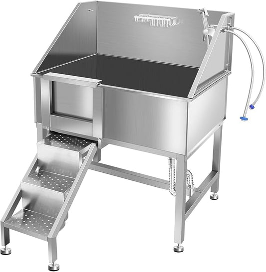 38" Dog Washing Station, Professional Stainless Steel Dog Bathing Station, Equipped with Three Anti-Slip Steps, Removable Door, Upgraded Spray Nozzle&Hose - Ideal for Home, Pet Grooming Salon,L-RAMP