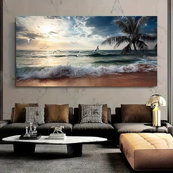 Yxbhhym Beach Wall Art Picture for Living Room Ocean Sunset Canvas Wall Decor Paintings Sea Poster Seascape Print Art Palm Artwork for Wall Art Bedroom Office Decoration Framed- 20x40inches