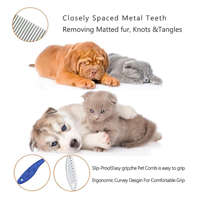 Pet Comb for Dogs & Cats,Small Dog & Cat Grooming Comb 2 Combs,Pet Stainless Steel Teeth Cats Comb for Removing Matted Fur, Knots & Tangles,Shedding Comb,Blue