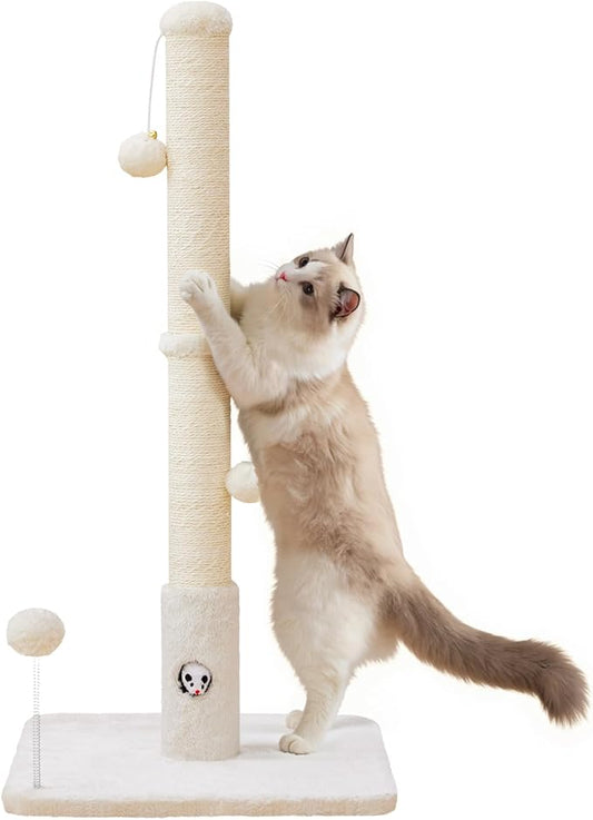 Cat Scratching Posts 33" for Adults Cats, Cat Scratcher with Soft Fabric Covering Base and Durable Sisal Rope, Scratcher with Fun Mouse Hole and Cat Toy for Tall Cats (White)