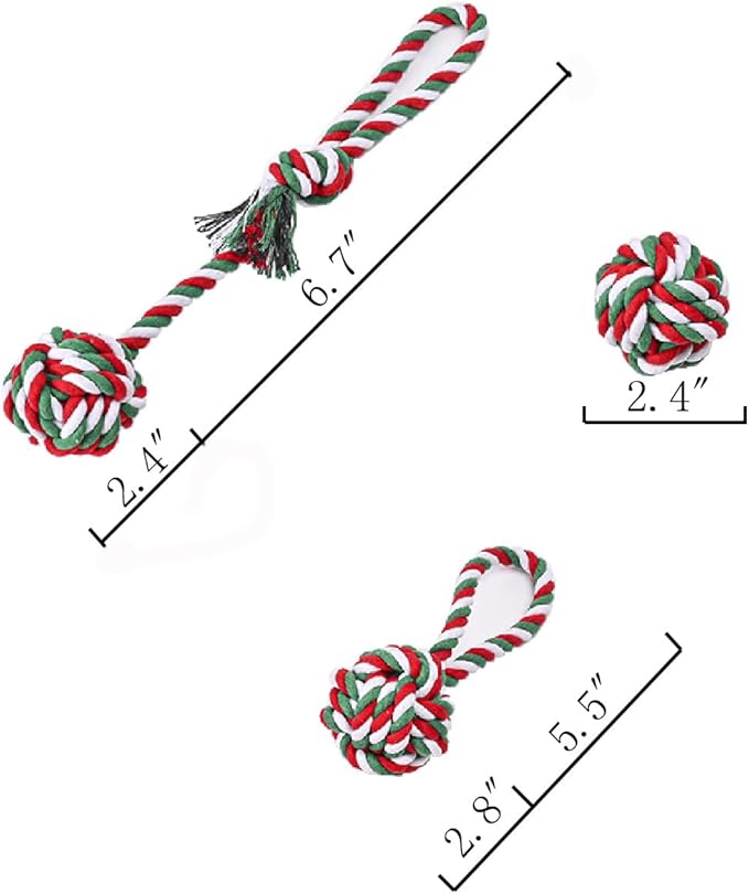 Chew Toys for Small and Medium Dogs - Teeth Cleaning, Gum Massage, Boredom Relief - Christmas Ball Rope Toy Set of 4