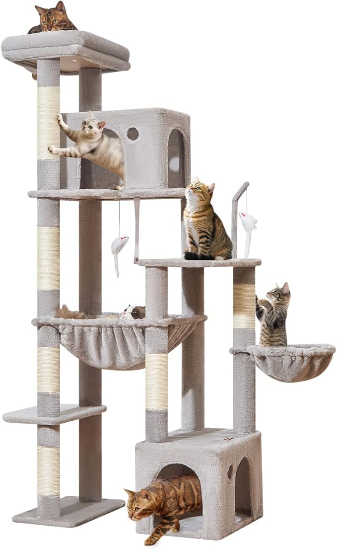 Taoqimiao 71 Inches Cat Tree for Indoor Cats Large Adult, Multi-Level Tall Cat Tower, 2 Cat Condo with 6 Scratching Posts, Super Large Hammcock, Cat Toys, Cozy Basket, Light Gray, MS037W