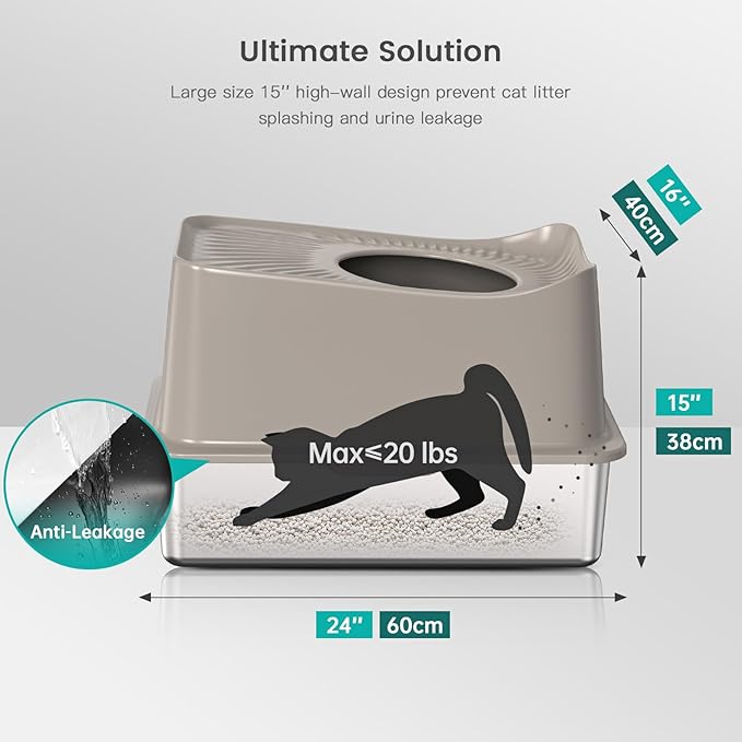 Stainless Steel Cat Litter Box, XL Top Entry Litter Box for Big Cats, Enclosed Large Cat Box with High Wall, Metal Cat Litter Pan Never Absorbs Odors, Easily Cleaning, Include Scoop