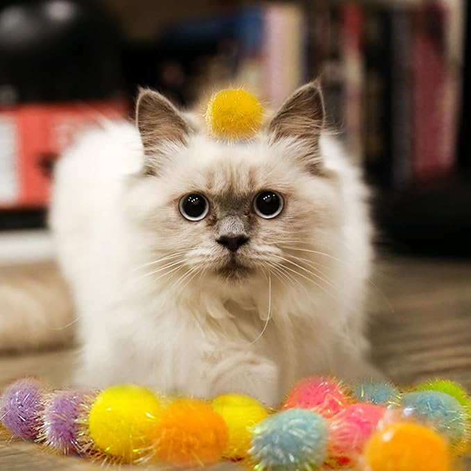 30 Pieces 1.6 inches Sparkle Pom Pom Balls for Cat - Interactive Glitter Balls, Multicolor, Best as Kitten Play Toys