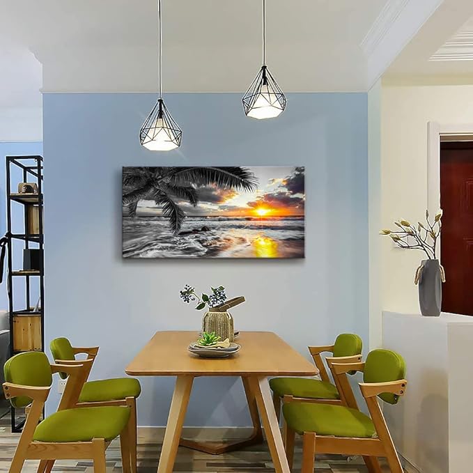 Yxbhhym-Black and White Wall Art Beach Décor Large Ocean Canvas Pictures Wave Sunrise Seascape Print Painting Palm Poster Sea Artwork for Office Wall Art Bedroom Accessories Living Room Décor