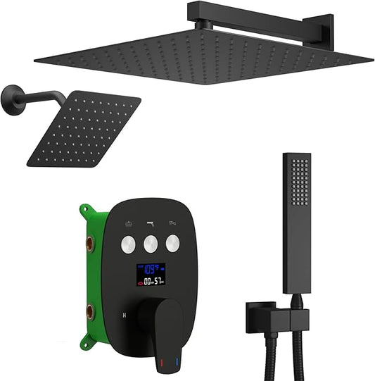 Matte Black Shower System Set Temperature Display Push Button Shower Faucet with 12 inch and 8 inch Wall Mount Full Body Shower Head and Handheld Shower