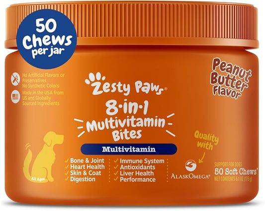 Zesty Paws Dog Multivitamin, Chewable Dog Vitamins and Supplements for Hip & Joints, Skin & Coat, Omega 3 Fish Oil for Dogs- Senior & Puppy Multivitamin- Peanut Butter- 50ct