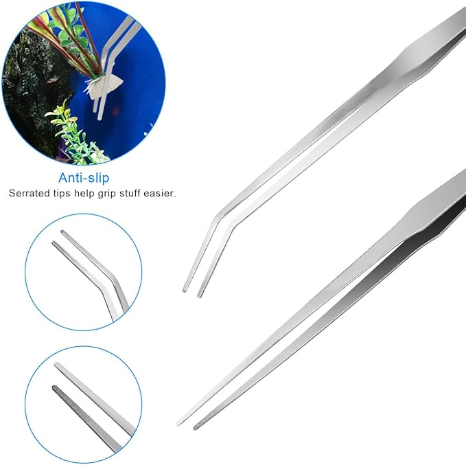 7 in 1 Aquarium Aquascape Tool Kit 15 inch, Aquatic Plant Extra Long Aquascaping Tool for Aquarium Fish Tanks Clean Accessories Set with Silver Tweezer Scissor Spatula, Fish Net, PH Paper, Bag