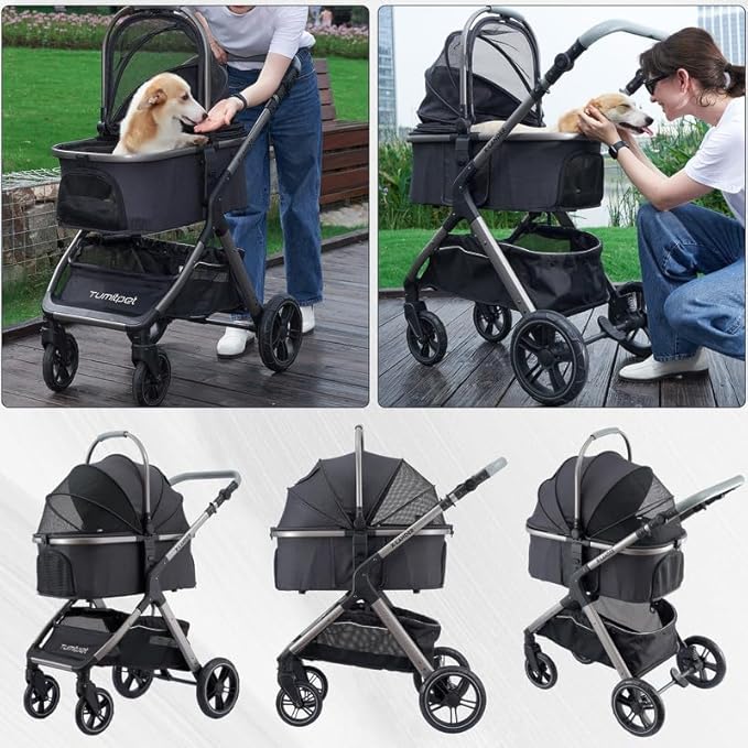 Pet Stroller for Small Medium Dogs, Cat Carriage Travel System Four Wheel Dog Stroller with Carrier, Zipperless Entry/Cup Holder/Storage Basket