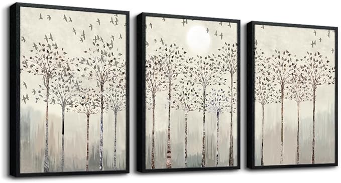 Black Framed Wall Art for Living Room Bedroom Wall Decor office Wall Decorations trees and birds Abstract Wall Paintings Sunrise and sunset Wall Pictures Artworks Modern 3 Piece Framed Prints Art