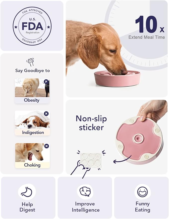 LE TAUCI Ceramic Slow Feeder Dog Bowls Small Breed, 0.6 Cups Dog Food Dish for Fast Eaters, Puzzle Bowl for Small Dogs and Cats,Pink Bloom