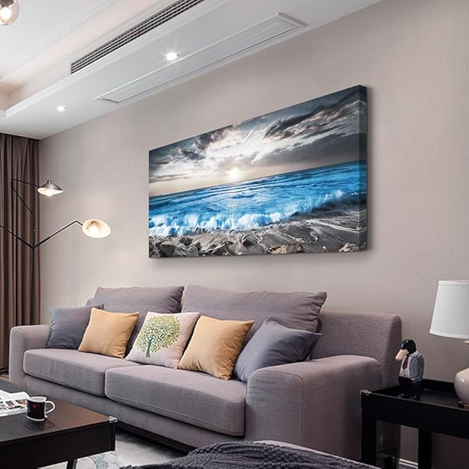 Lapremoly Large Wall Decoration For Living Room Framed Canvas Wall Art For Bedroom Office Wall Decor Black And White Beach Wall Painting Blue Sea Wave Pictures Artwork Modern Hotel Room Home Decor
