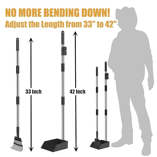 Metal Dog Pooper Scooper for Yard - 3.2Gal Dog Poop Trash Can Outside with Pedal - Pet Waste Container Outdoor - Stainless Steel Garbage Bucket with Lid - Black Trash Bin, Long Handle Tray and Rake