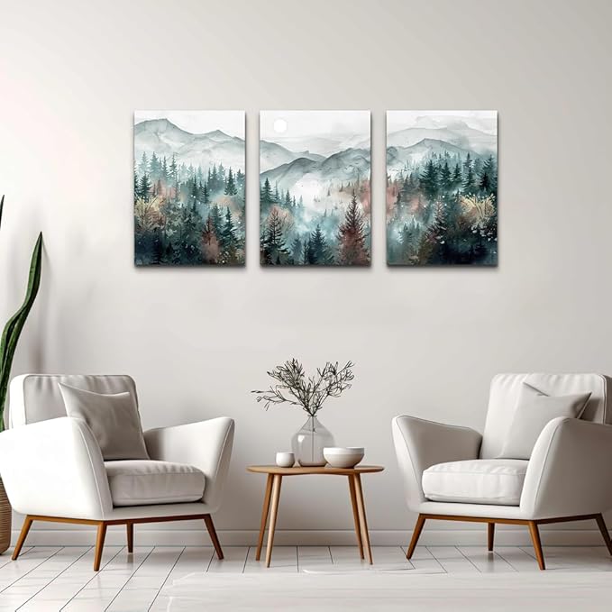 TTHYUEWS Farmhouse Wall Art For Bedroom Wall Decor For Living Room Wall Pictures for Office Fog Forest Mountain Landscape Watercolour Painting Artwork Modern Home Decorations Ready To Hang 3 Piece