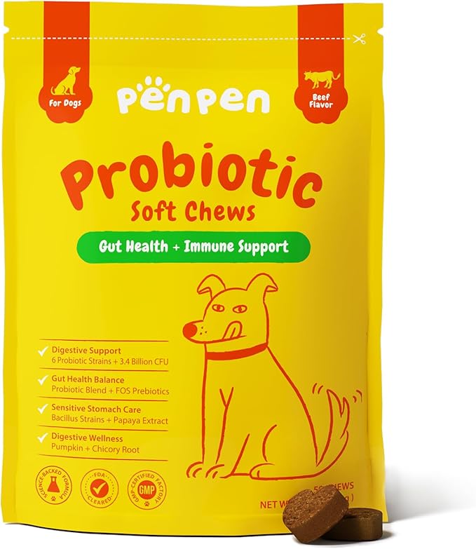 Penpen Probiotics for Dogs, Dogs Probiotics for Digestive Health, Multi-Probiotic and Enzyme Blend Promote Gut Health & Immune Support, Eases Sensitive Stomachs (Beef Chews, 50ct)