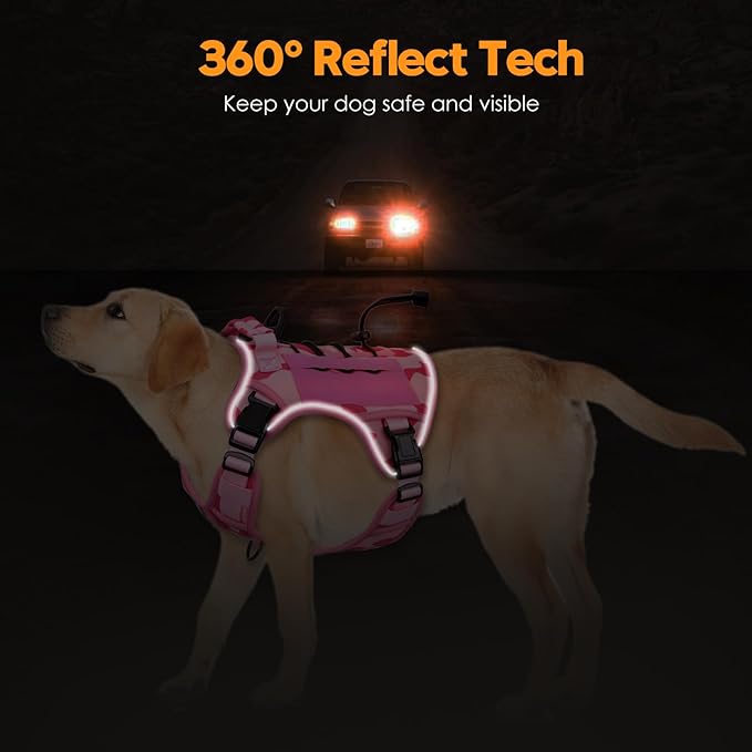 Heavy-Duty Tactical Dog Harness for Large Dogs, No Pull Adjustable Reflective Pet Vest with Molle System, K9 Military-Grade Control for Service Training, Outdoor & 10+ Breeds, Pink Camo, X-Large