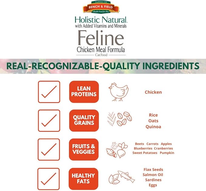 Bench & Field Holistic Natural Premium Adult Dry Cat Food, Chicken Meal and Brown Rice Recipe 25 lb Bag (Pack of 1)