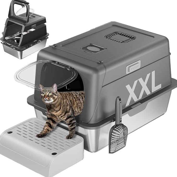 XX-Large Stainless Steel Cat Litter Box with Lid – Fully Enclosed Large Litter Box for Big Cats, Odor Control with Magnetic Door, Easy Clean, Multi-Cat Durable Metal Pan (Natural Color)