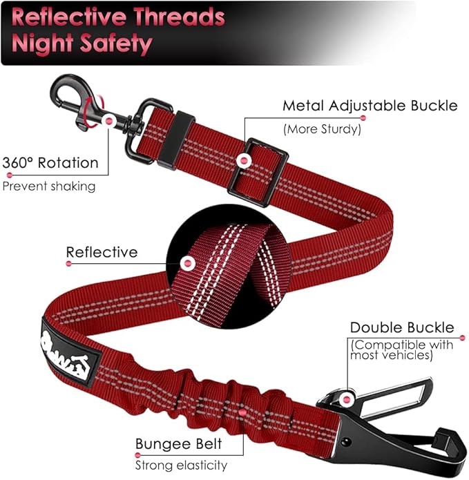 SlowTon Dog Seat Belt, Adjustable Dog Safety Belt Leash, 2 in 1 Latch Bar Attachment Dog Car Seatbelt with Elastic Nylon Bungee Buffer, Reflective Nylon Belt Tether Connect to Dog Harness (Red)