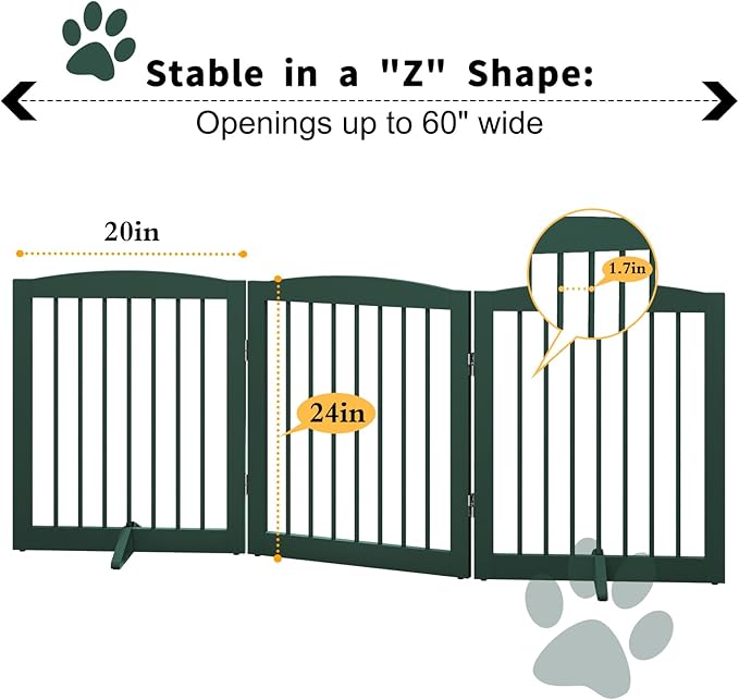 Freestanding Pet Gate for Dogs, Foldable Wooden Dog Gate for House, Indoor Dog Gate for Doorways, Stairs, Step Over Pet Puppy Safety Fence, Support Feet Included,24" Height 3 Panels,Green