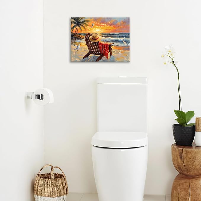 Beach Coastal Bathroom Pictures Wall Art, Seaside Ocean Bathroom Wall Decor, Sunrise Palm Framed Painting Canvas Artwork for Bedroom Living Room Decorations 20"L x 16"W