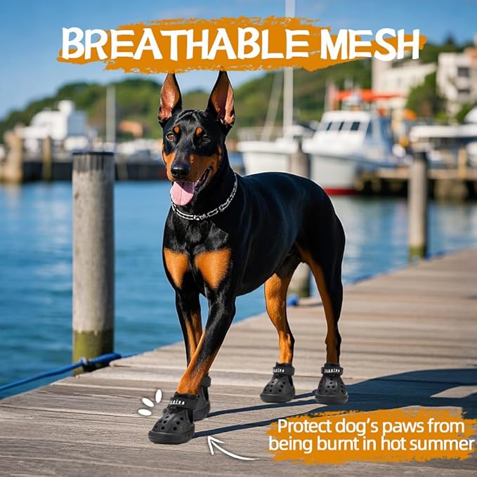 JZXOIVA Dog Shoes for Hot Pavement, Dog Booties for Large Dogs, Breathable Dog Boots & Paw Protectors, Adjustable Non-Slip Dog Rain Booties, Waterproof Pets Sandals for Beach Black Size 9