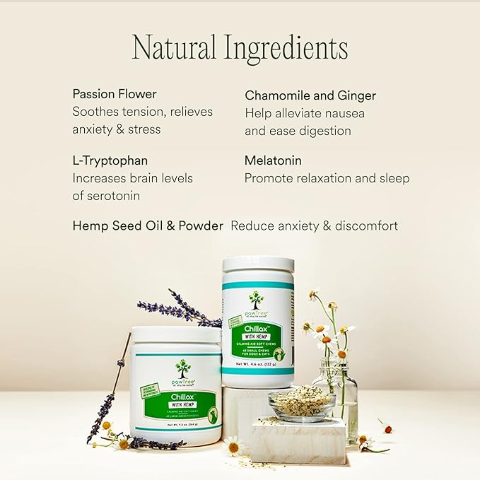 pawTree Chillax - Natural Calming Hemp Chews for Dogs and Cats - Formula to Relieve Stress and Tension; Ease Travel, Separation Anxiety and Soothe Fear - Small Soft Chews (60 Count)