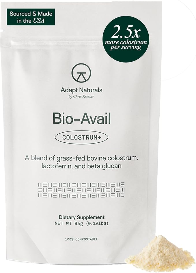 Adapt Naturals Colostrum Supplement with Lactoferrin & Beta-Glucan, Bio-Avail Grass Fed Bovine Colostrum Powder for Gut Health, Immune Support & Vitality | Non-GMO, 2500mg, Unflavored - 30 Days Supply