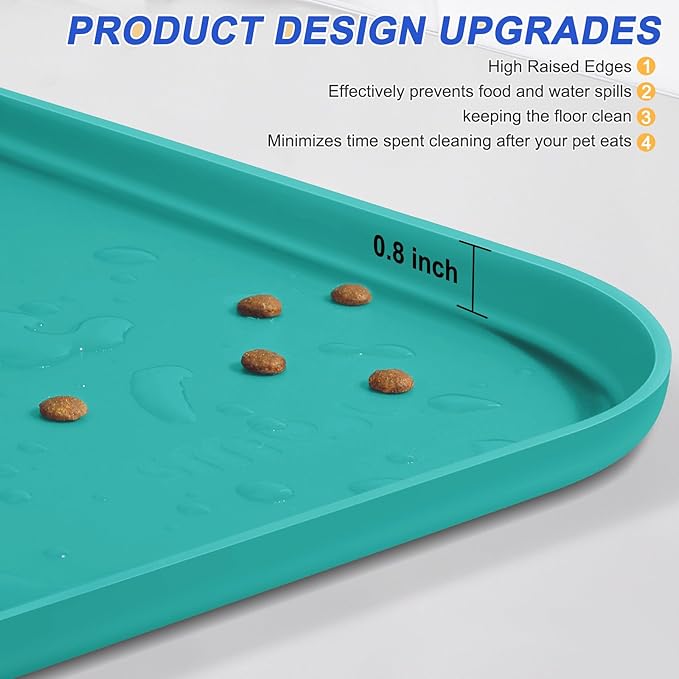 Silicone Pet Feeding Mat with Raised Edge for Food and Water, Dog Bowl Mats, Cat Bowls Placemat with High Lip for Floor Waterproof, Rubber Tray for Cats and Dogs 24 x 16 x0.8 Dark Turquoise
