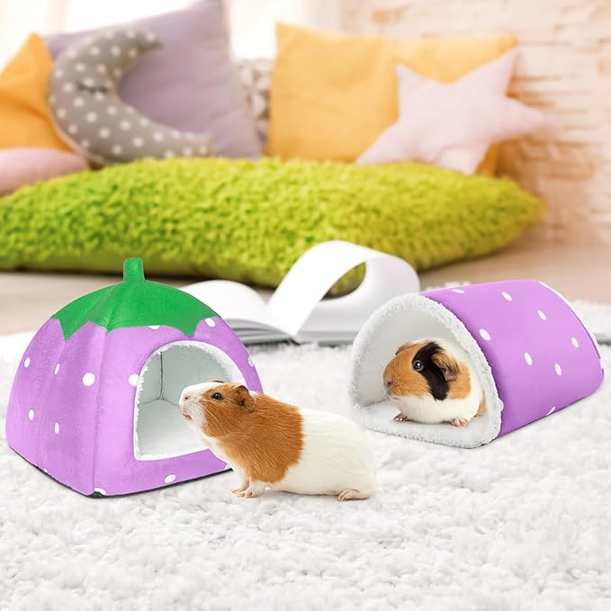 Guinea Pig Hideout with Tunnel, Washable Chinchilla House Bed, Fleece Hideaway, Enrichment Toys, and Cage Accessories for Ferret Hedgehog Small Animal