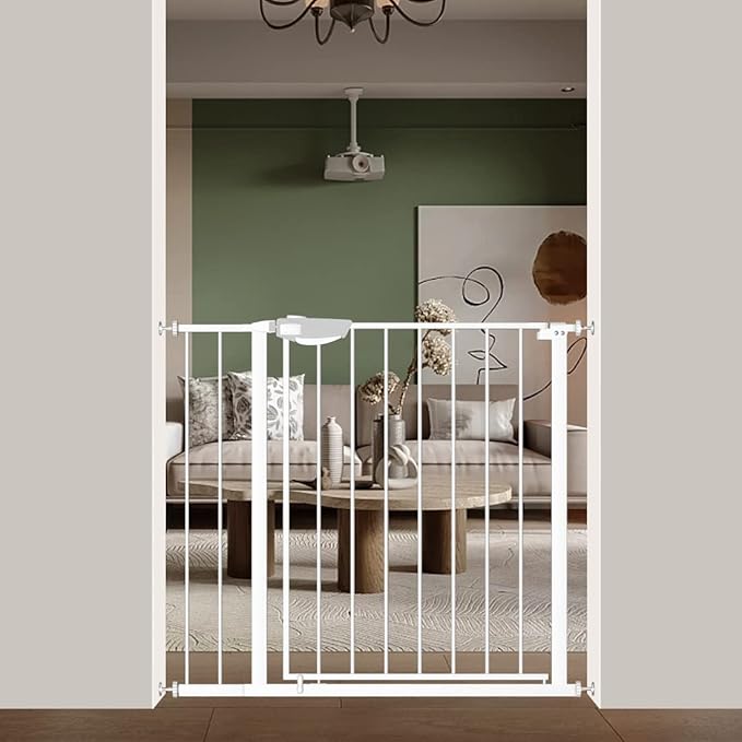 WAOWAO Triple Lock Baby Gate Extra Wide 35.04-38.97" Pressure Mounted Walk Through Swing Auto Close Safety White Metal Dog Pet Puppy Cat for Stairs,Doorways,Kitchen