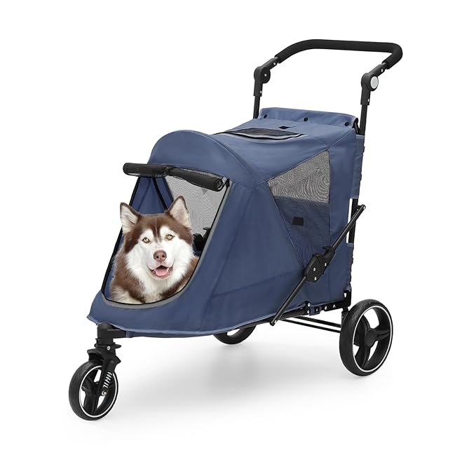 Athena Collection 3 Wheels Pet Stroller Fabric Dog Cart Dog Stroller for Large Dogs 55 Lbs Pet Stroller with Mesh Windows, Zipper Back Pocket, Safety Tether, Angle Adjustable Handlebar, Navy Blue