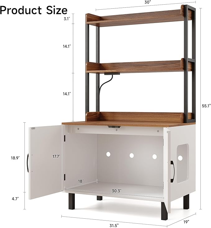 55 Inches Cat Litter Box Enclosure, Hidden Litter Box Furniture with 2 Storage Shelves and Charging Sockets, Wooden Cat House, Large Indoor Cabinet for Living Room & Entryway, White