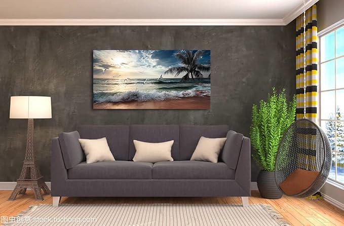 Yxbhhym Beach Wall Art Picture for Living Room Ocean Sunset Canvas Wall Decor Paintings Sea Poster Seascape Print Art Palm Artwork for Wall Art Bedroom Office Decoration Framed- 20x40inches
