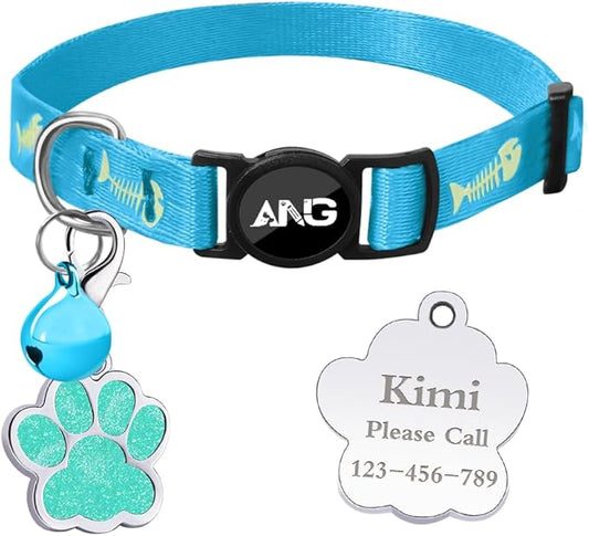 Personalized Breakaway Cat Collars Glow-in-The-Dark with ID Tag, Bell - Safety Quick - Release, Customizable for Female Male Kittens & Cats (Blue)