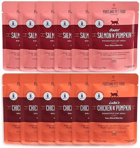 Human-Grade Mixed Variety Pack Wet Cat Food Pouch — Moist, Soft Cat Food Mixer, Topper, and Rotational Meal (6 Chicken, 6 Salmon) by Portland Pet Food Company