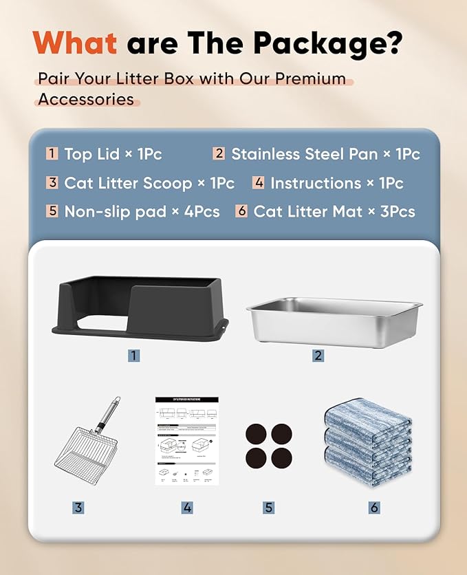 Stainless Steel Litter Box with Lid, 23.5" L x 15.8" W x 10.5" H, Large Metal Cat Box for Big Cats, High Sided Kitty Litter Box with Scoop & Pee Pads, Non-Sticky, Anti-Leakage, Easy to Clean (Black)