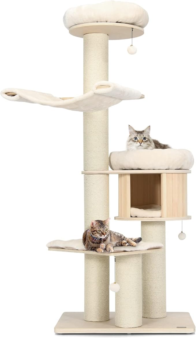 Tangkula Modern Cat Tree, Multi-Level Large Cat Tower with Condo, Hammocks & Hanging Basket, Tall Cat Tree with Sisal Posts, Washable Cushions, Wood Cat Trees and Towers for Indoor Large Cats
