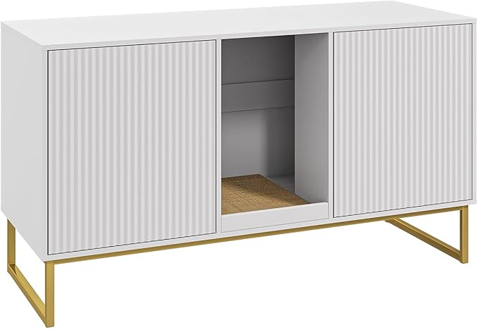 Litter Box Enclosure for 2 Cats, Fluted Hidden Cat Litter Box Furniture with Scratch Pad and Metal Legs, Modern Double Room Kitty House for Living Room, Washroom, 47.2”L x 17.7”W x 25.9”H, White