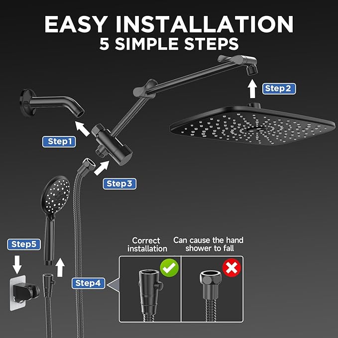 Veken Wide Rain Shower Head with 6 Modes Handheld Water Spray，High Pressure Showerhead Combo with Arm for Bathroom Accessories，Home Decor Adjustable Dual Shower with Anti-Clog Nozzles，Matte Black