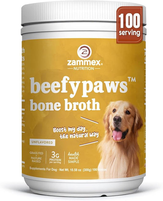 Zammex Grass-Fed Beef Bone Broth Protein Powder for Dogs & Cats - Joint & Bone Support, Healthy Fur Enhancer, Pet Food Topper for Dry & Wet, 10.58oz