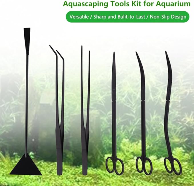 7-in-1 Aquascaping Tools Kit for Aquarium & Terrarium - Stainless Steel Long Tweezers, Curved Scissors, Algae Scraper, Feeding Tongs - Live Plant Trimming & Tank Cleaning Accessories
