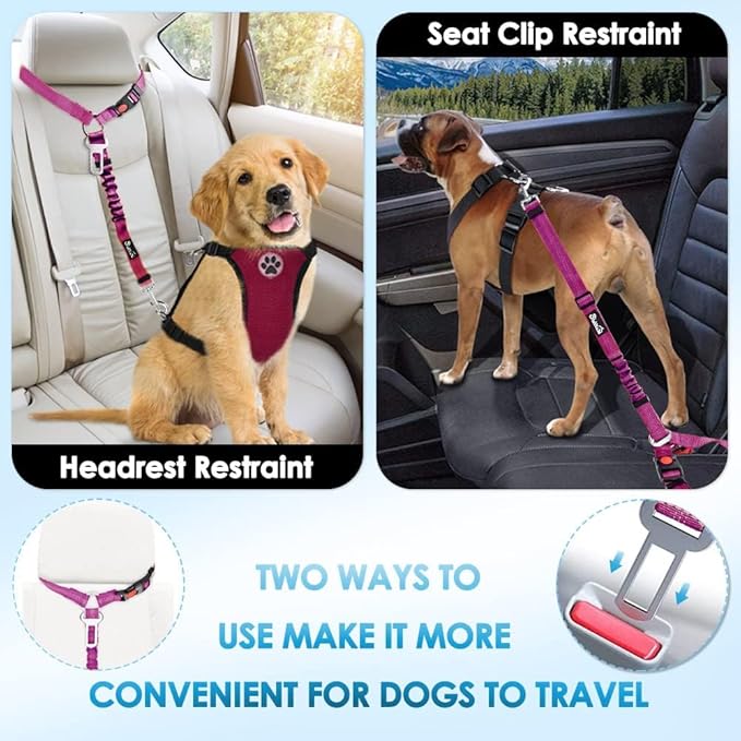 SlowTon Dog Seat Belt, 2 Pack Harness Seatbelt Adjustable With Elastic Bungee Buffer, 2 in 1 Pet Car Leash Headrest Restraint Reflective Safety Tether (Fushia, Dual Restraint)