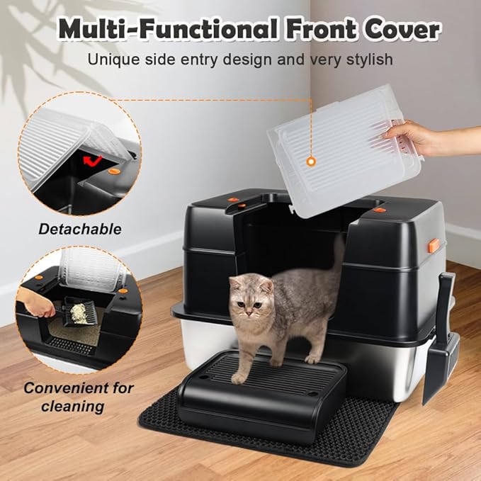Vivifying Stainless Steel Litter Box, XL Side Entry Extra Large Litter Box with Lid for Big Cats & Kitty, Removable Enclosed Metal Cat Pan with High Sided Enclosure, Scoop, Mat, Footboard (Black)