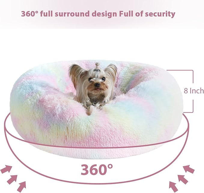 WNPETHOME Calming Dog Bed Cat Bed Donut, Faux Fur Pet Bed Self-Warming Donut Cuddler, Comfortable Round Plush Dog Beds (24 x 24 x 8 Inch, Rainbow)